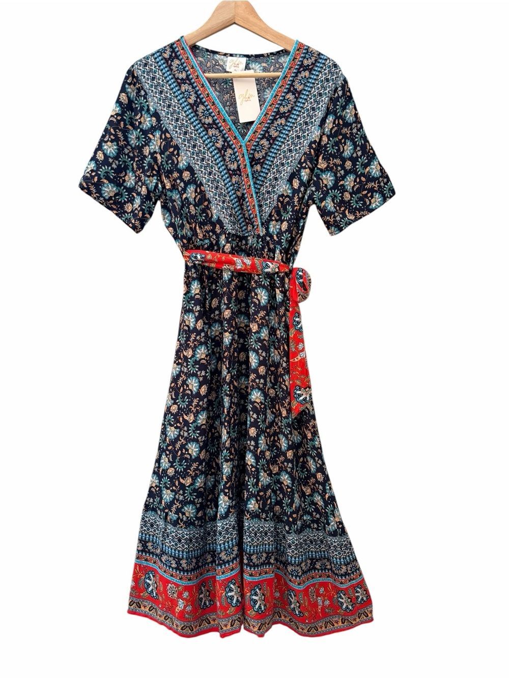 GLM Floral V-Neck Midi Dress Womens Sz XL Black Red Rayon Tie Waist Flowy Boho